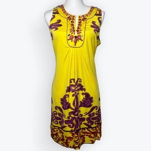 Hale Bob Silk Dress | Yellow Silk w jeweled neckline | Size Medium | sleeveless